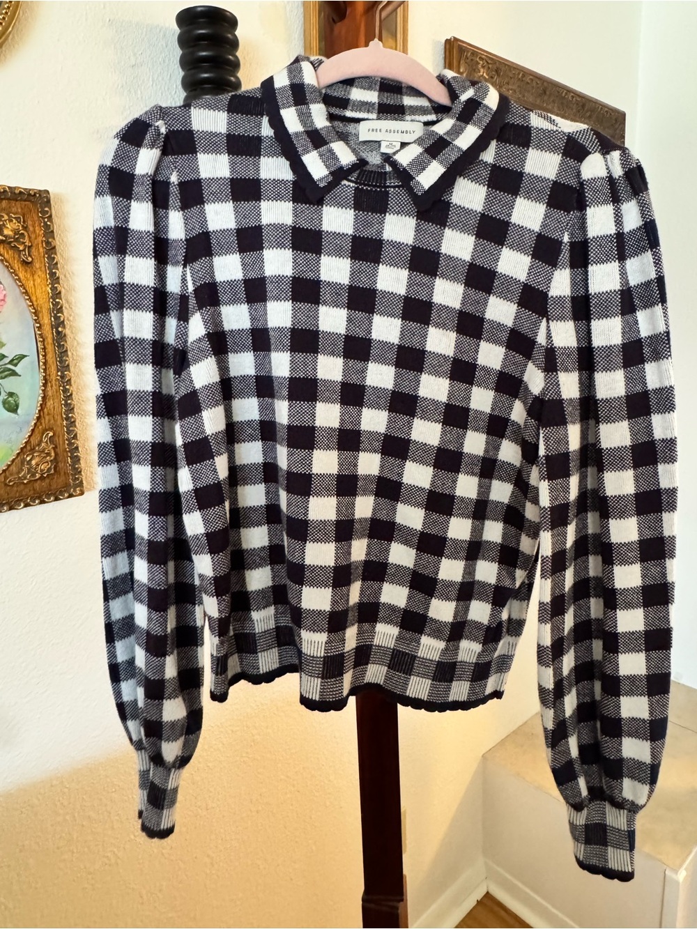 Free Assembly Black & White Gingham Collared Knit Sweater